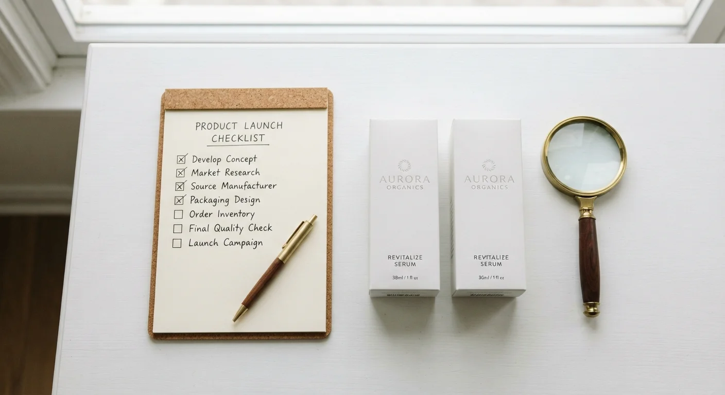 Checklist notepad beside two product boxes and a magnifying glass on a white desk.