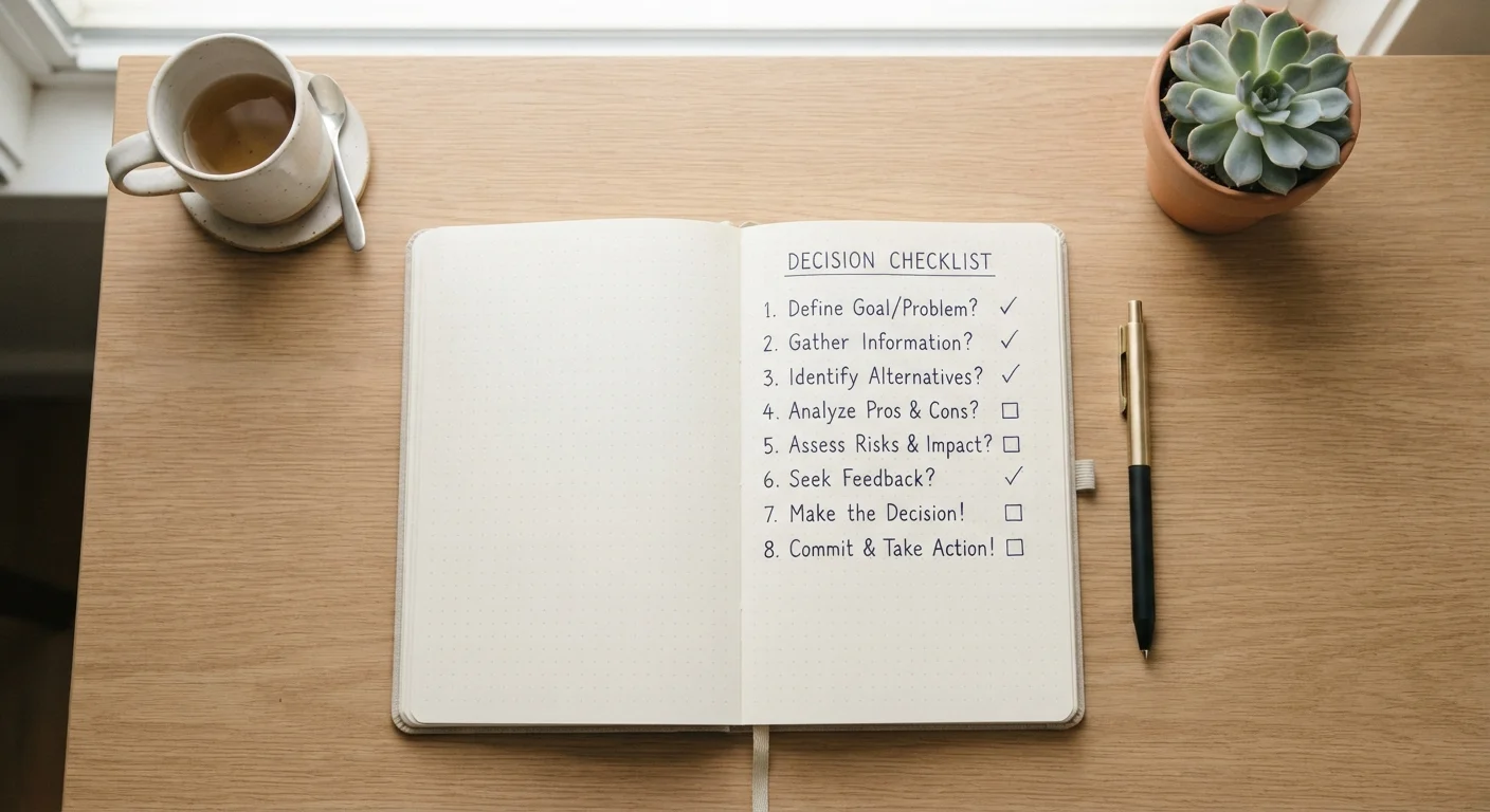 Open notebook with a handwritten spending decision checklist on a clean desk surface.