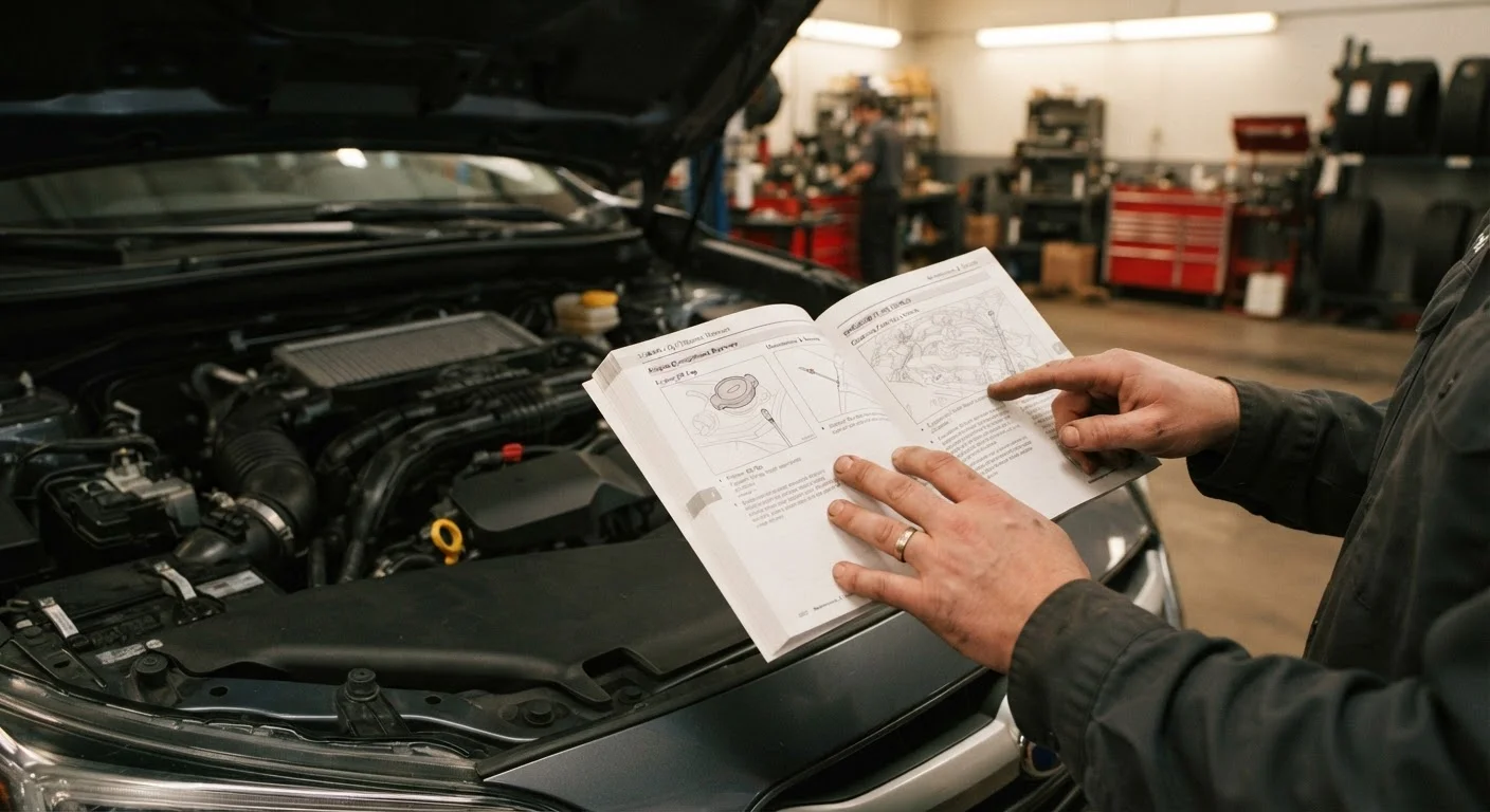 Open car owner's manual resting near an engine bay in a well-lit garage