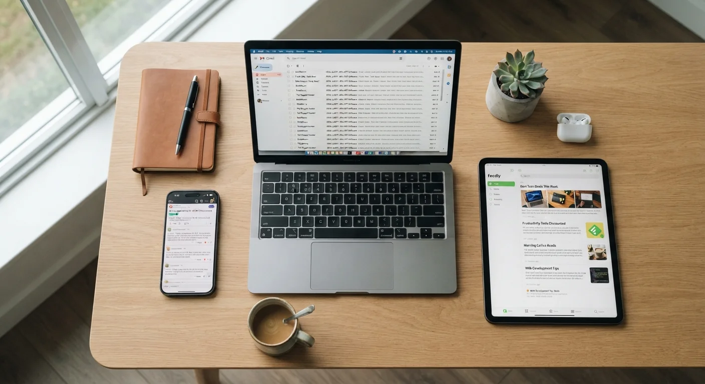 Laptop, tablet, and smartphone displaying email alerts, RSS feeds, and a deal forum side by side