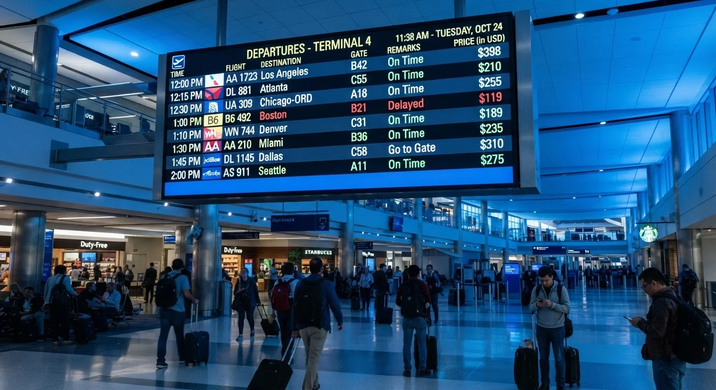 Airport departure board displaying multiple flight destinations and varying ticket prices