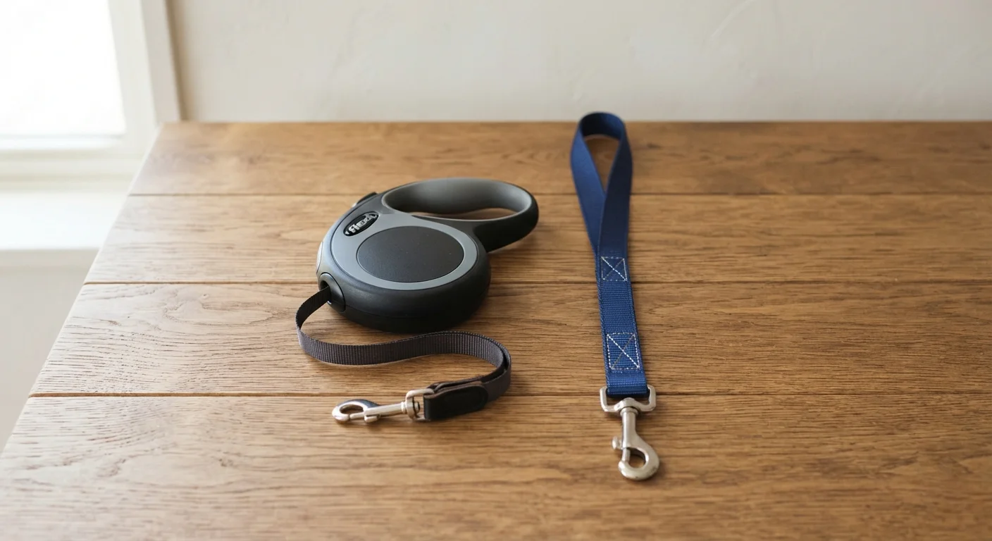 A retractable leash and a fixed-length nylon leash placed side by side on a wooden surface
