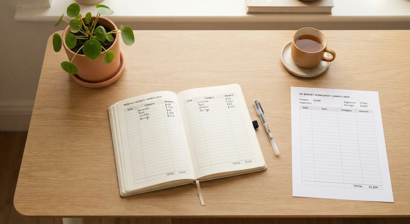 A tidy desk with a budgeting notebook, pen, and simple financial worksheet in warm light