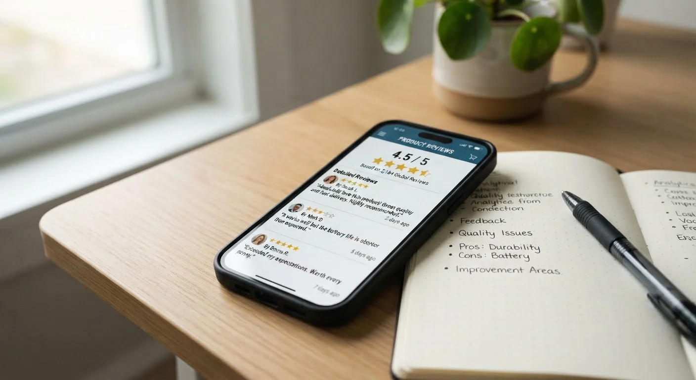 Smartphone displaying customer reviews and star ratings on a shopping app, on a desk