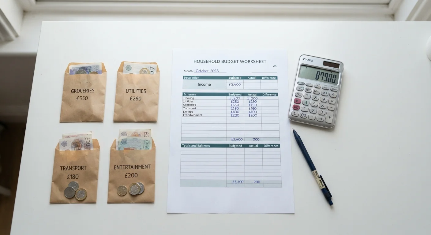Household budget worksheet with labeled envelopes, calculator, and pencil on a white desk