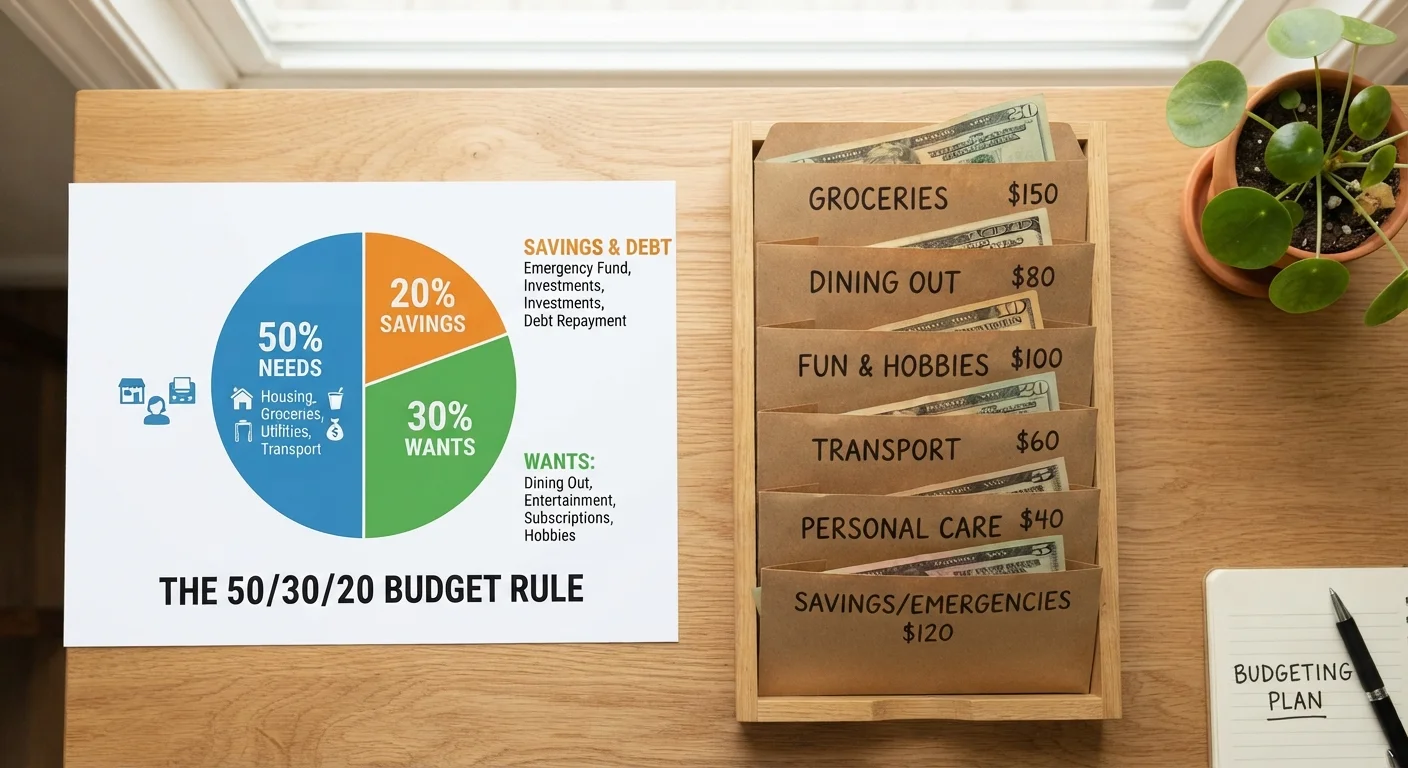 A pie chart showing 50/30/20 budget splits beside labeled cash envelopes on a desk.