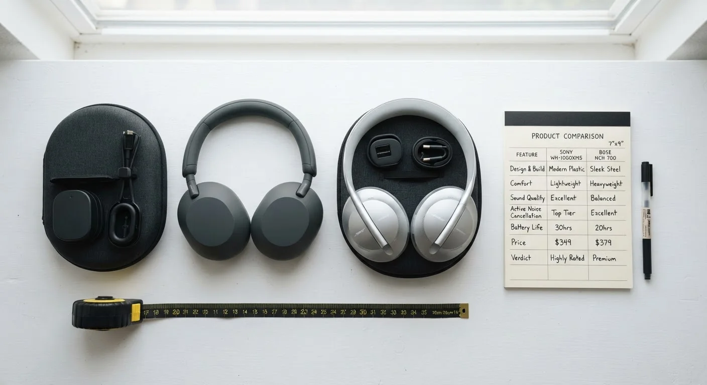 Two products placed side by side on a white surface with a comparison checklist notepad
