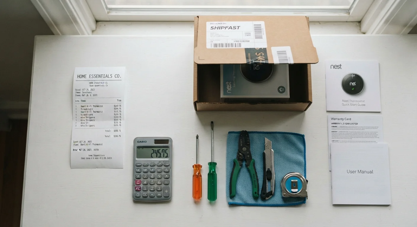 Shopping receipt beside delivery box, tools, and warranty papers on a white surface