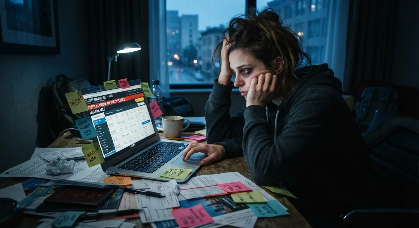 Frustrated traveler looking at flight search results on a laptop with scattered notes